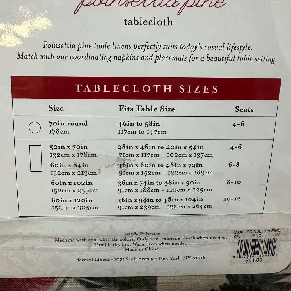 Bardwil Linens Poinsettia Pine 70 Inch Round Christmas Tablecloth Red Green